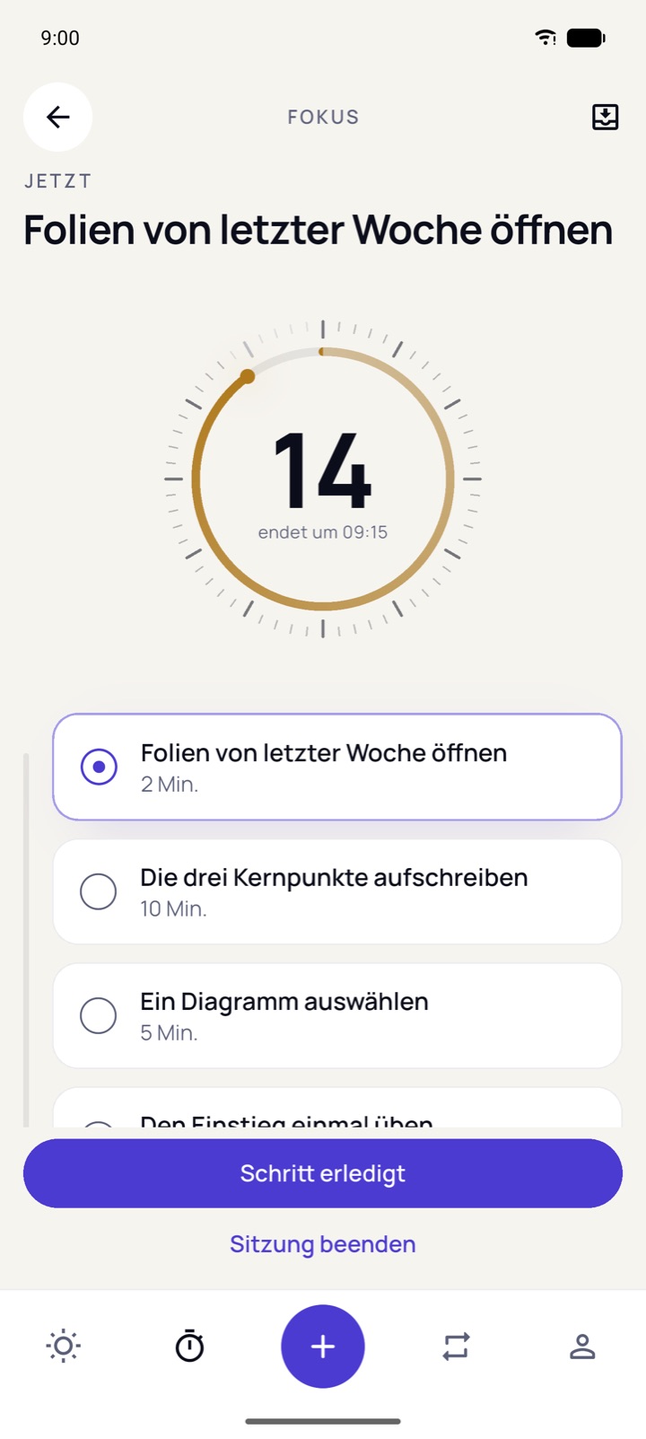 Fokussitzung mit 13 verbleibenden Minuten auf einer schrumpfenden goldenen Scheibe.