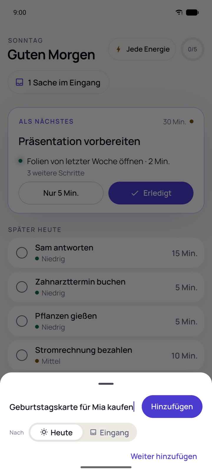 Schnelles Notieren mit dem Eintrag Geburtstagskarte für Mia kaufen.