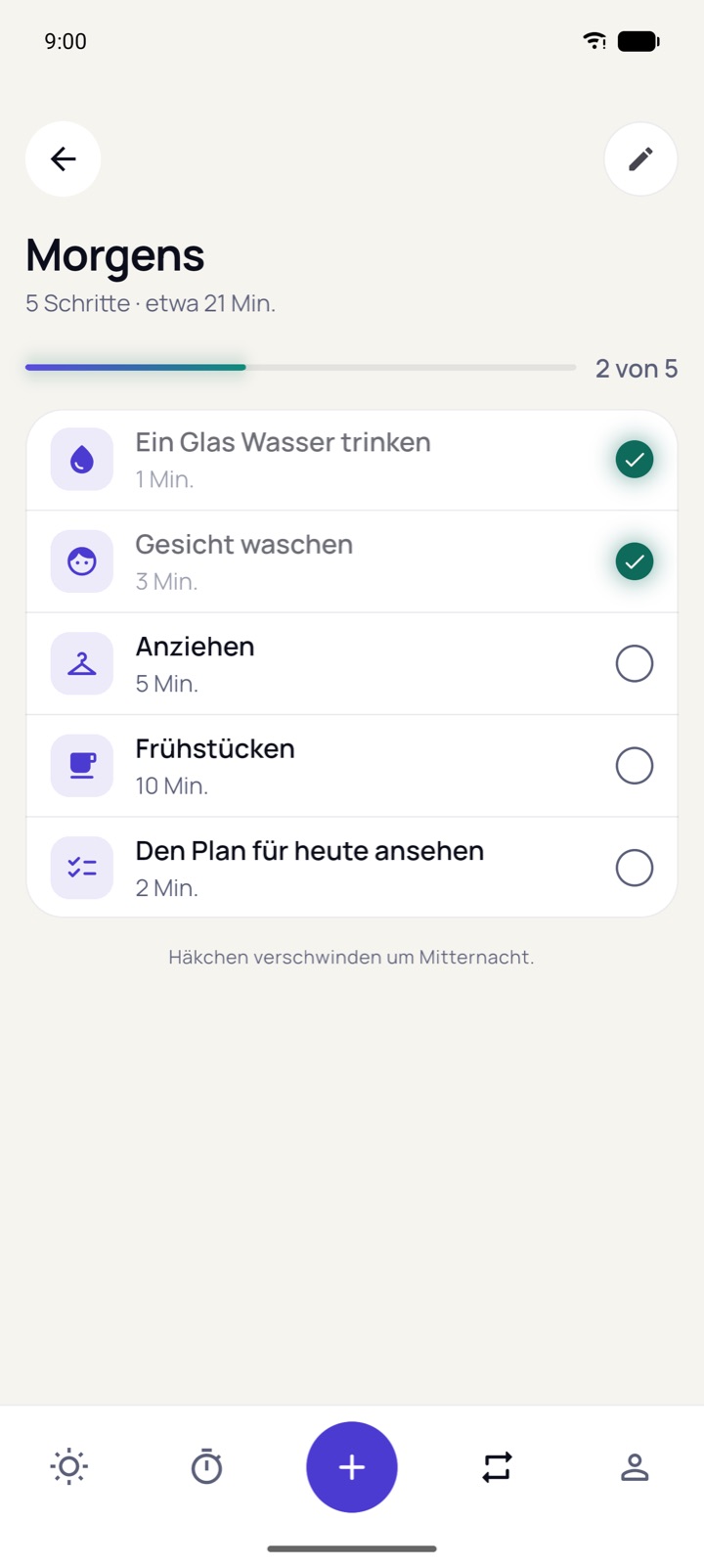 Morgenroutine als Checkliste mit zwei von fünf erledigten Schritten.