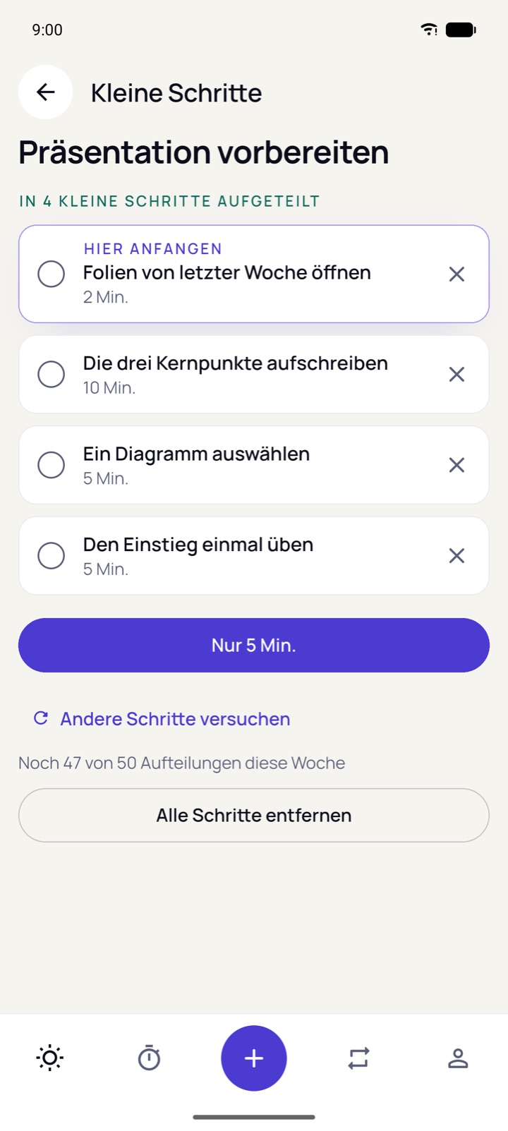Kleine Schritte für die Vorbereitung einer Präsentation, beginnend mit dem Öffnen der Folien von letzter Woche.