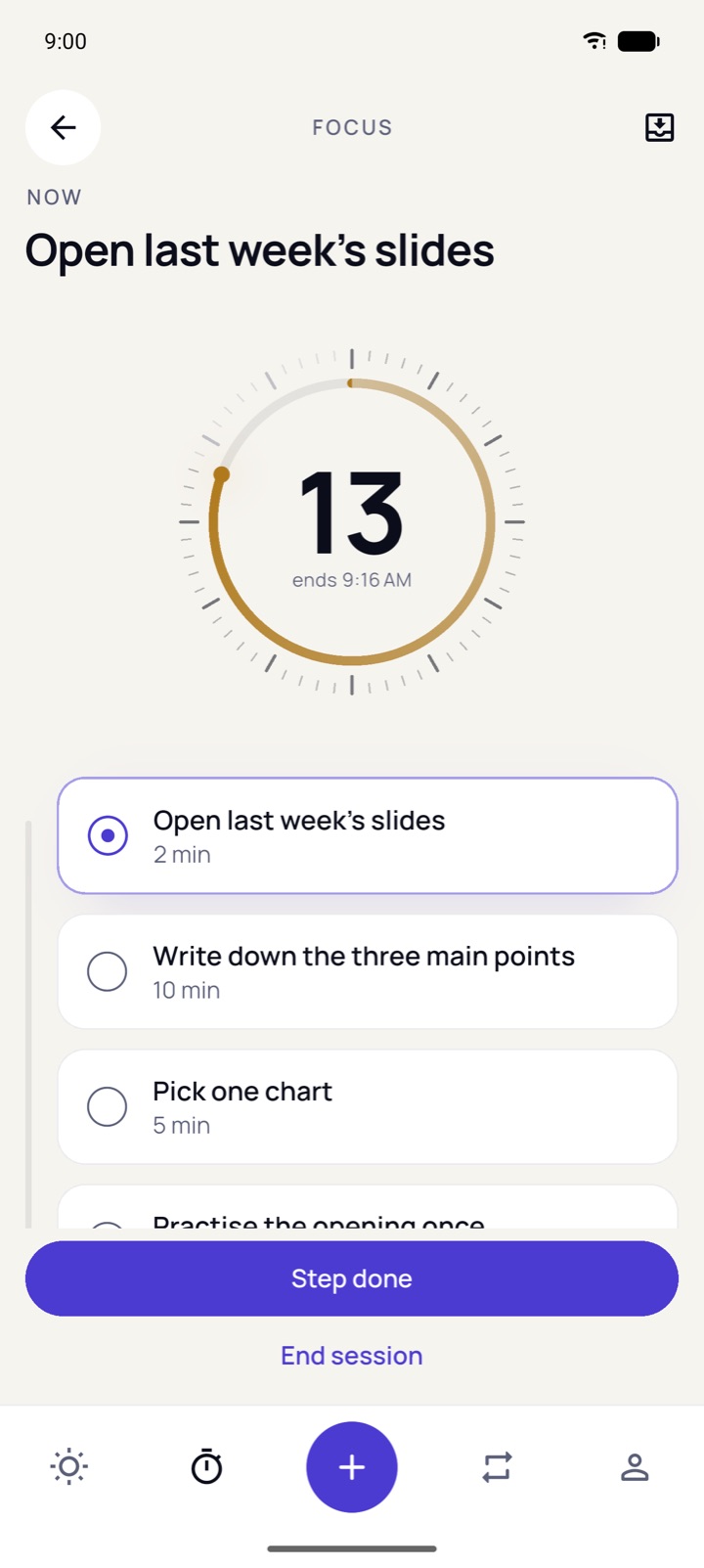 Focus session with 13 minutes left on a shrinking gold disk.