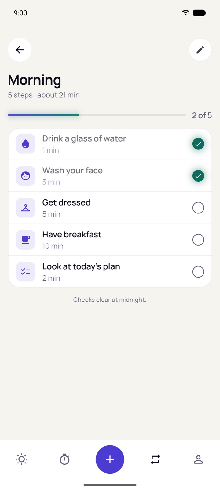 Morning routine checklist with two of five steps done.